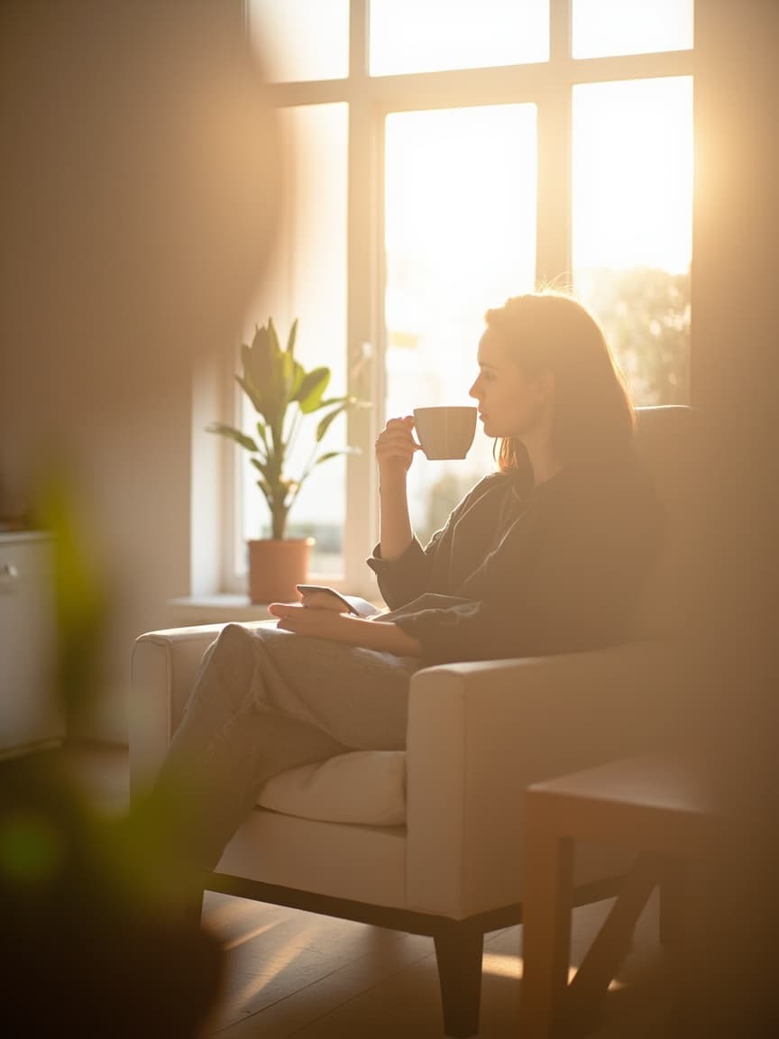 Anfitrión revisando el móvil mientras toma un café